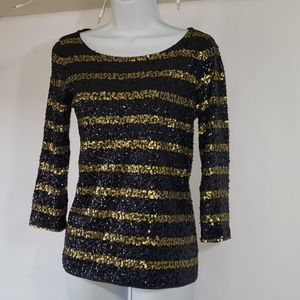 J. Crew Black & Gold Sequin Top with 3/4 Sleeves